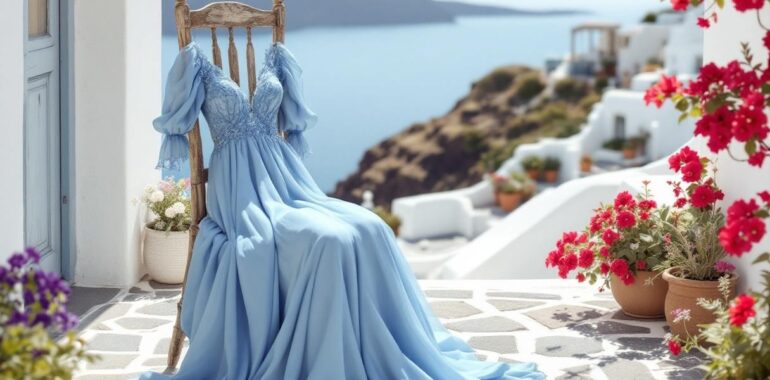 Destination romance : quand la robe bleu canard embarque pour Santorin