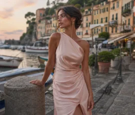 À Portofino, la robe satin asymétrique s&rsquo;impose comme la pièce essentielle de la garde-robe estivale